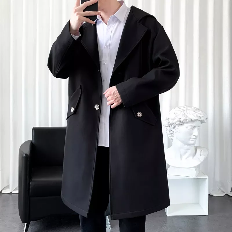 

Autumn Men's Jacke Long Trench Coat Oversized Solid Color Men's Windbreaker Big Pocket Fashion Men's Overcoat