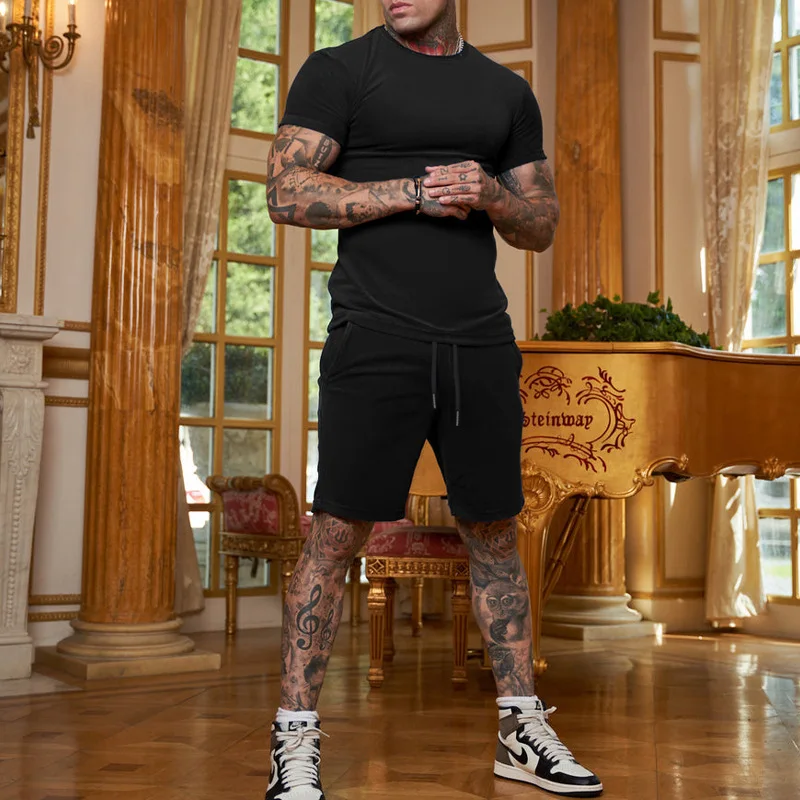 2023 Summer New Casual Fashion Tracksuit 2 Piece Sets Solid Color Sports Oversized Suits Short Sleeve T Shirt Sets Man Clothing