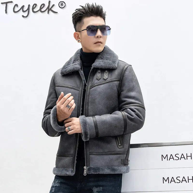 

Высококачественная зимняя мужская куртка Tcyeek из натуральной кожи с отворотом