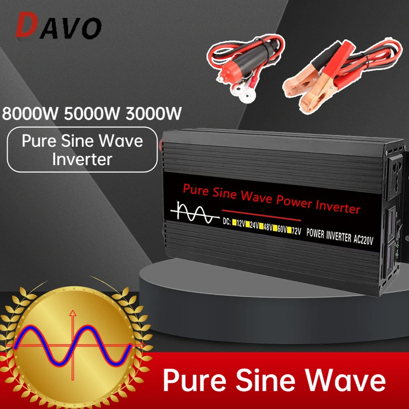 8000W 5000W Pure Sine Wave Inverter DC 12v To AC 220V Car Inverters Power Supply Transformer Solar Panel Home RV Camping Outdoor