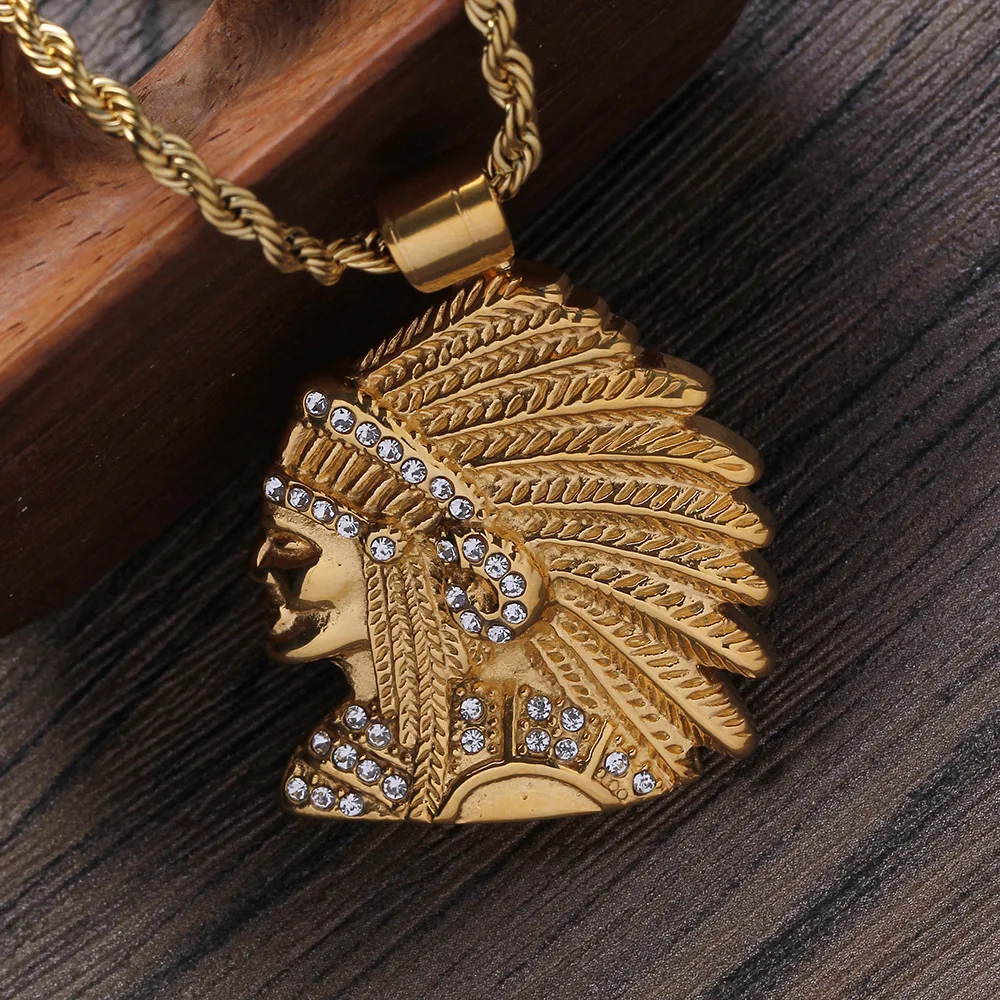 

New Titanium Steel Gold Plated Indian Chief Pendant Necklace Hip Hop Fashion Jewelry Creative Personality Punk Hip Hop Gift