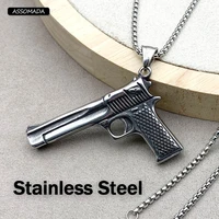 assomada stainless steel pistol shape pendant for men necklace boys hip hop chain necklace charms for jewelry making gift