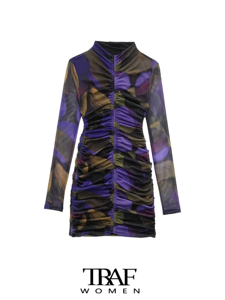 

TRAF Women Fashion Printed Ruched Tulle Mini Dress Vintage High Neck Long Sleeve Female Dresses Vestidos Mujer