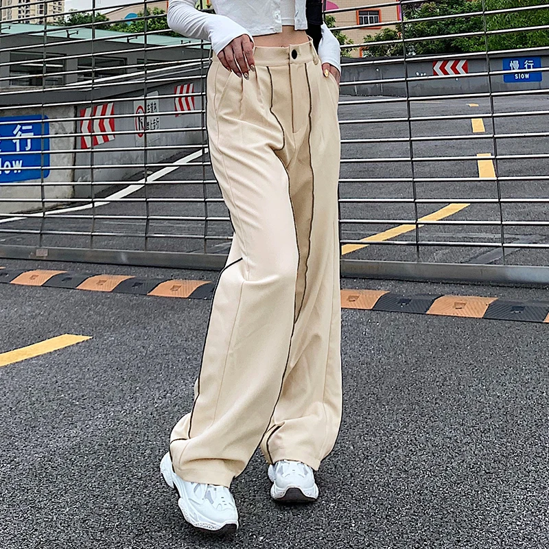 

Casual Loose Ladies Wide-leg Pants Hit Color Stripes Retro Fashion Streetwear High-waist Loose Straight-leg Pants 2021 New Women