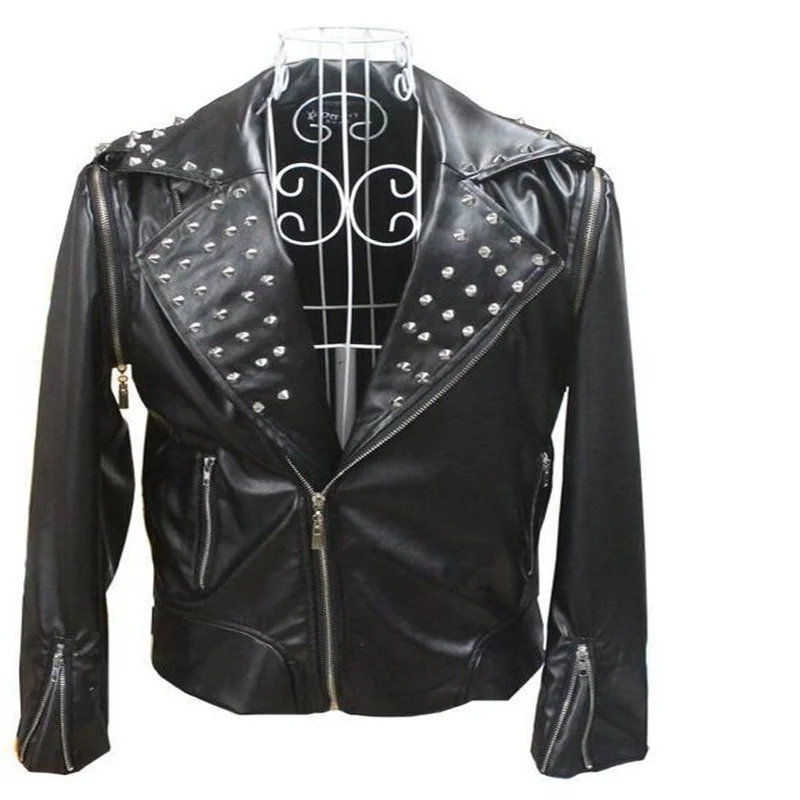 

Black fashion Oblique zipper Motorcycles faux leather jacket men Singer 1 Rivets mens leather jackets and coats Customizable