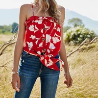 summer sexy red floral camisole za women single breasted sleeveless tops fashion cottagecore aesthetic fashion ruffles camisole