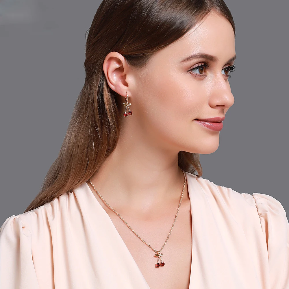 

Women Jewelry Set Women Earrings Women Necklace Red Gem Cherry Charming Women Wedding Jewelry Sets Korean Fashion Accessories