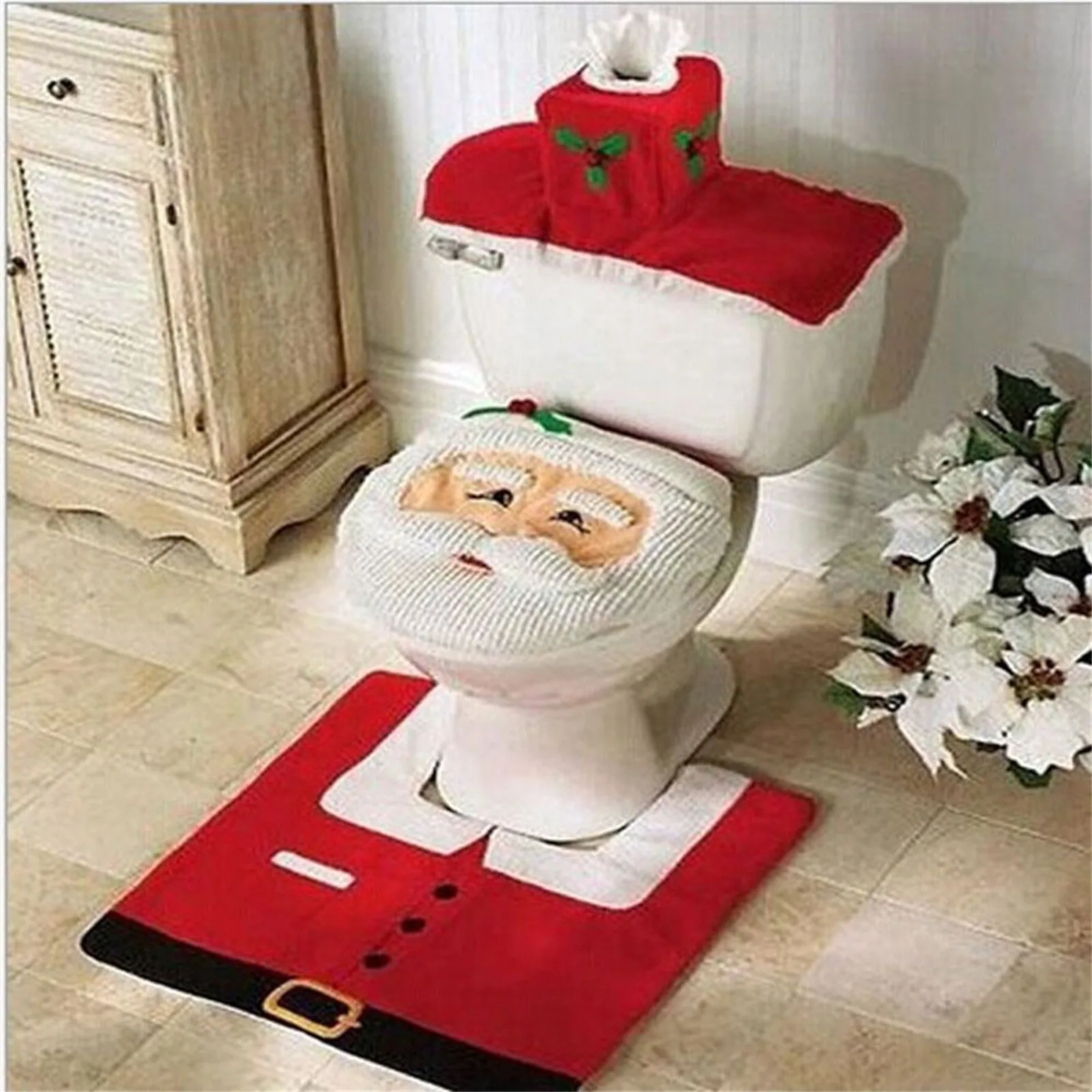 3 pcs Christmas Bathroom Shower Toilet Seat Cover Tank & Rug Bath Mat Non-Slip Rug Three Piece Toilet Set Decor Accessories Sets