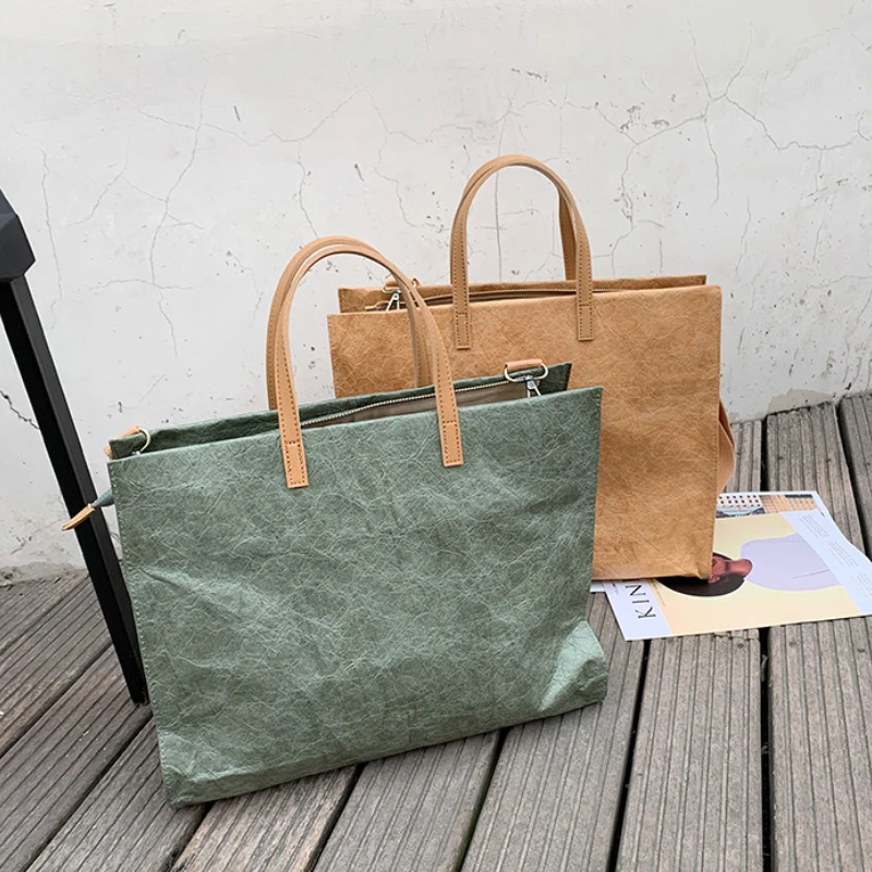 

Kraft Paper Women's Commuting Shoulder Bag Vintage Solid Color Ladies Travel Tote Shopping Bags Casual Female Large Handbags