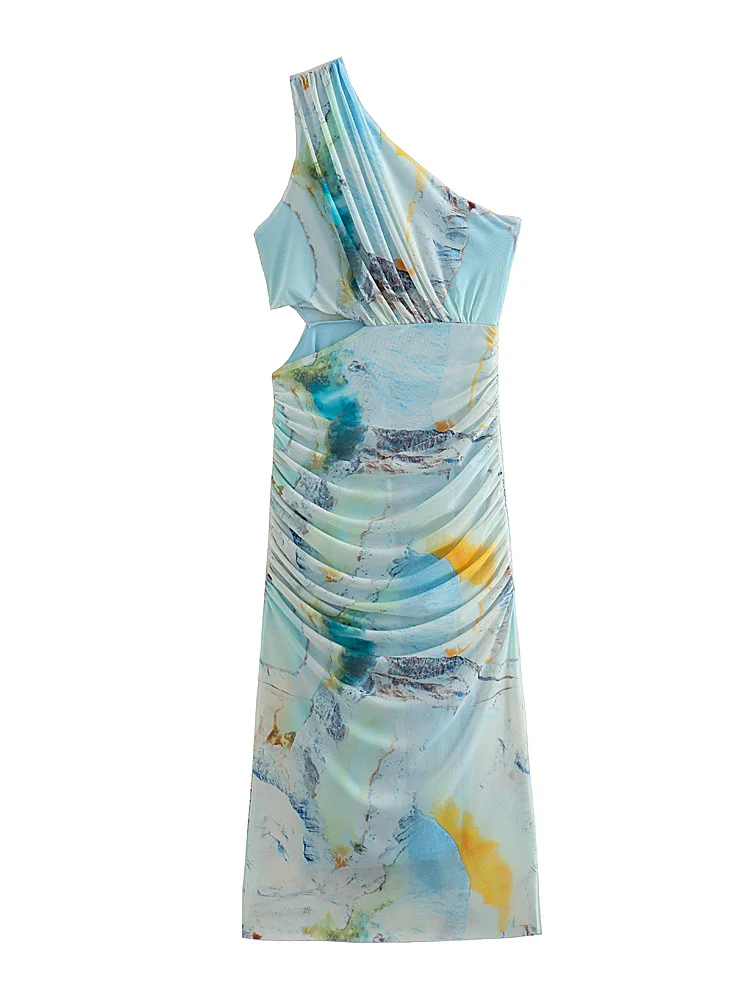 

XNWMNZ женское модное Тюлевое платье с вырезом и принтом для отпуска стиль Асимметричный вырез драпированные тонкие женские Платья Миди