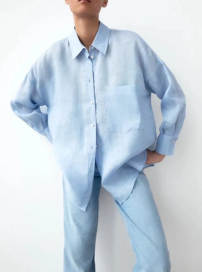 

Spring women's pocket linen shirt multi-color loose hanging basic casual long-sleeved shirt