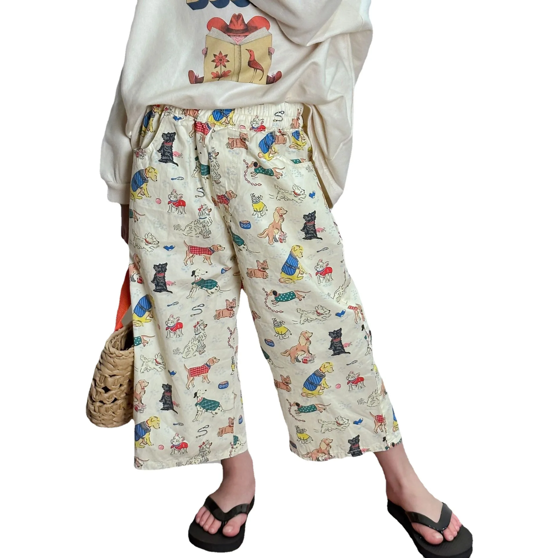 

Cotton Korean Children's Clothing 2023 Spring Cartoon Animal Print Kids Bottom Loose Ankle-length Cropped Pants for Boys Girls