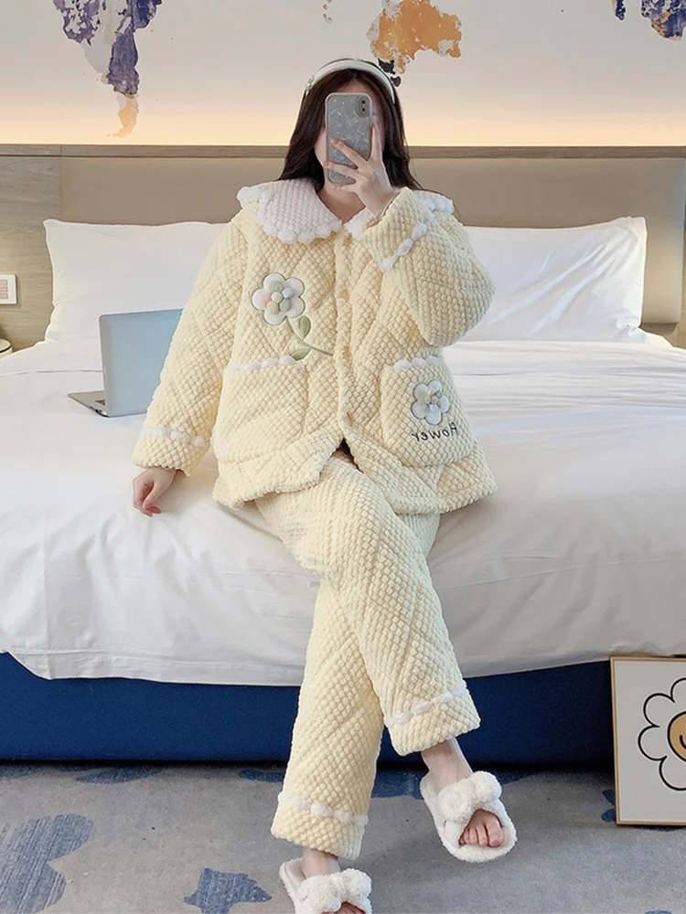 Coral Fleece Pajamas Women Autumn and Winter Quilted Three-Layer Thickened 2023 New Flannel Goose Yellow Spring Home Wear Set