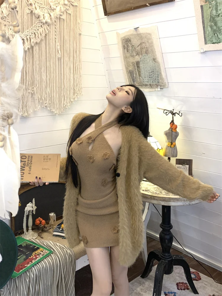 Женские мягкие вязаные комплекты из двух предметов во французском стиле