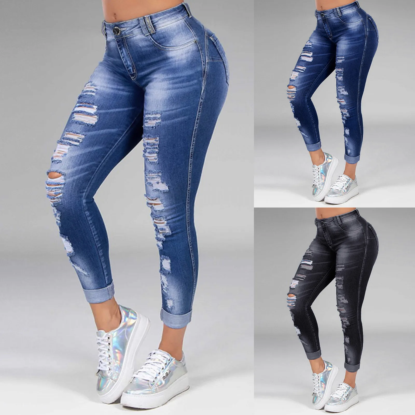 

Women Pants High Stretch Perforated Plus Size Skinny Tube Trousers High Street Ripped Fashion Flare Jeans S Full Length Jeans