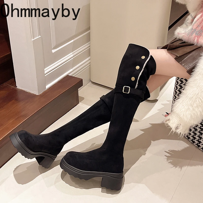 Женские теплые плюшевые высокие сапоги на платформе модные до колена без