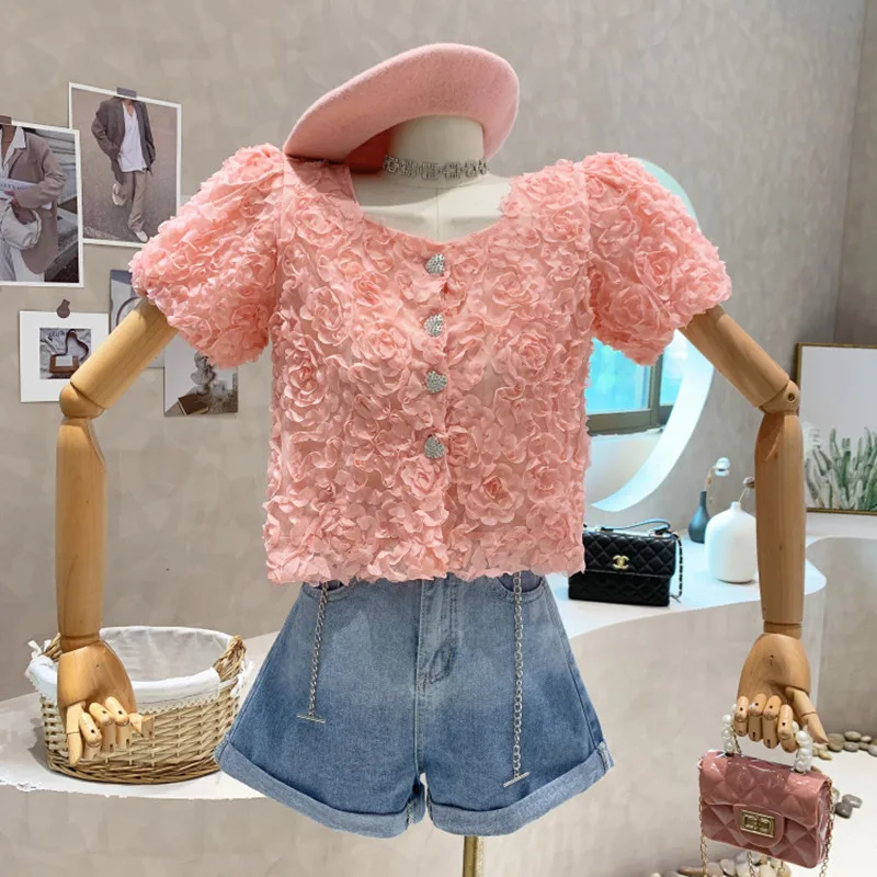 

New Women's Clothing 2022 Summer Temperament top women's design square neck bubble sleeve short flower shirt blusas