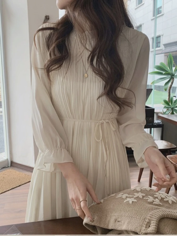 

Шифоновое платье с длинным рукавом, женская одежда на весну и осень, новинка, свободные кружевные винтажные платья со складками, повседневная одежда