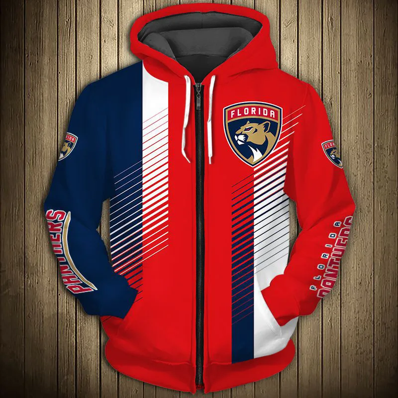 

Florida men's casual 3D zipper hoodie Red and blue stitching stripes cartoon leopard print Panthers sweatshirt