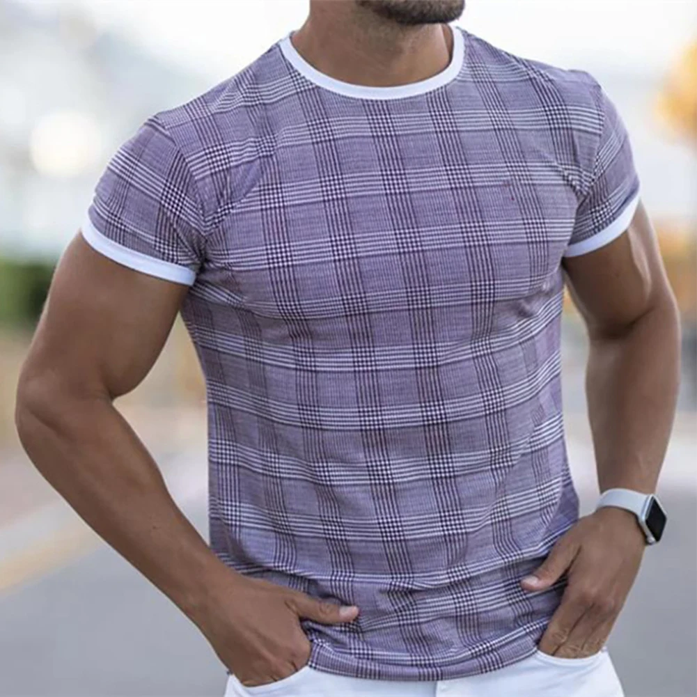 

Men Plaid T-shirt Casual Tops Blouse Slim Fit O Neck Short Sleeve Muscle Tee