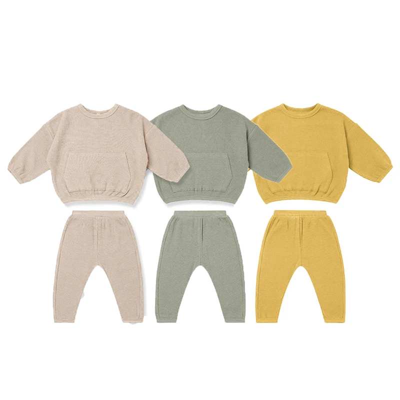 2022 Baby Clothing Set Waffle Baby Boy Girl Clothes Autumn Long-sleeved Baby Pullover Sweater Set Solid Baby Fashion Clothing