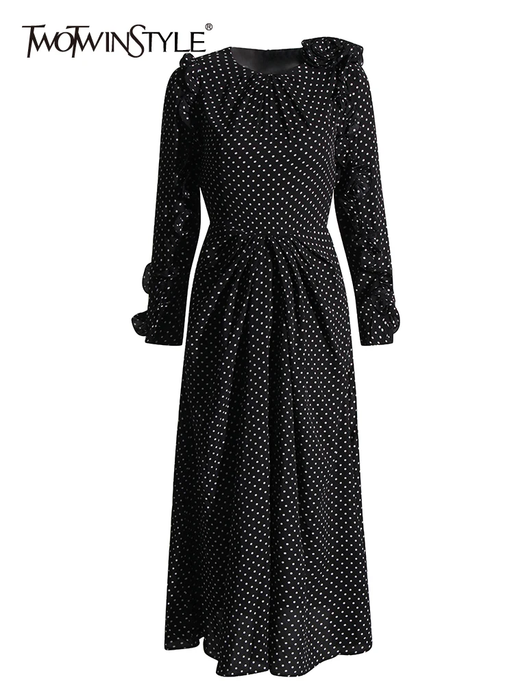 

TWOTWINSTYLE Dot Dresses For Women Round Neck Long Sleeve High Waist Folds Patchwork Single Breasted Elegant Dress Female 2022