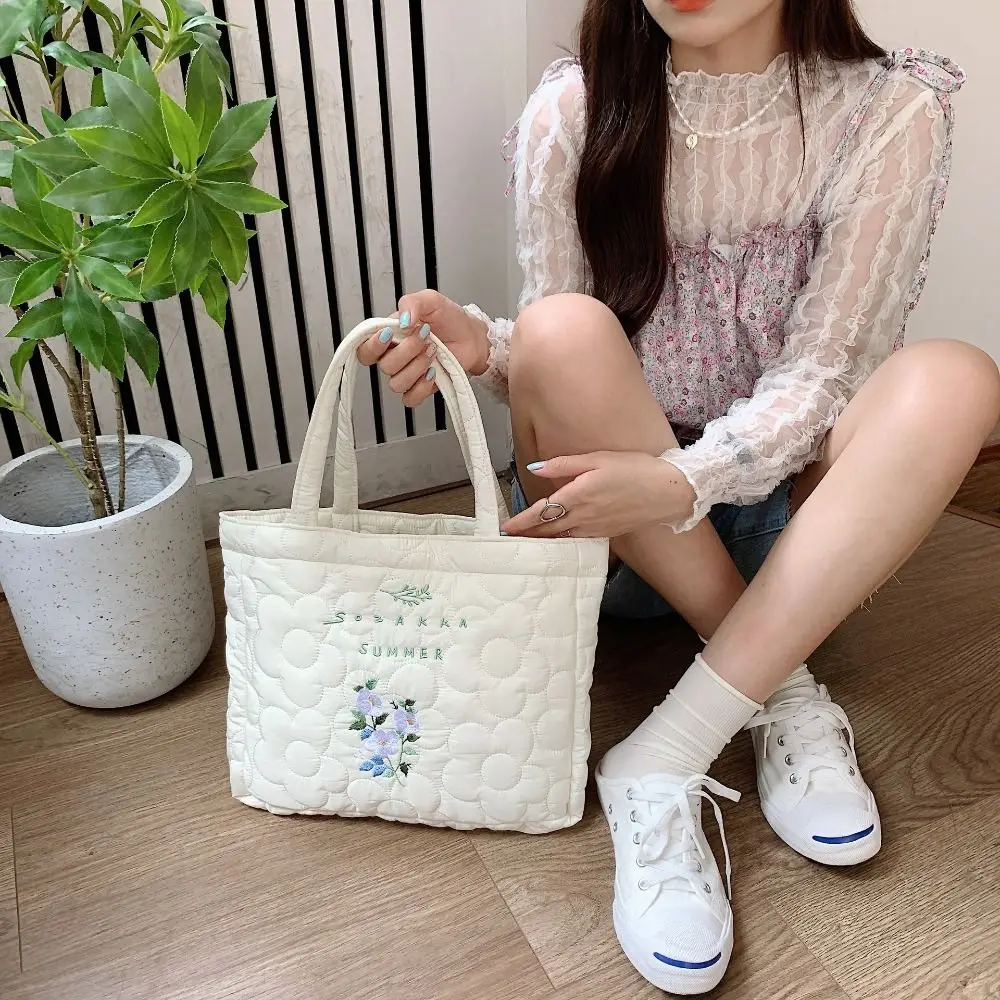 Polyester Fresh Flower Embroidery Handbag Temperament Korean Style Solid Color Tote Bag INS Student