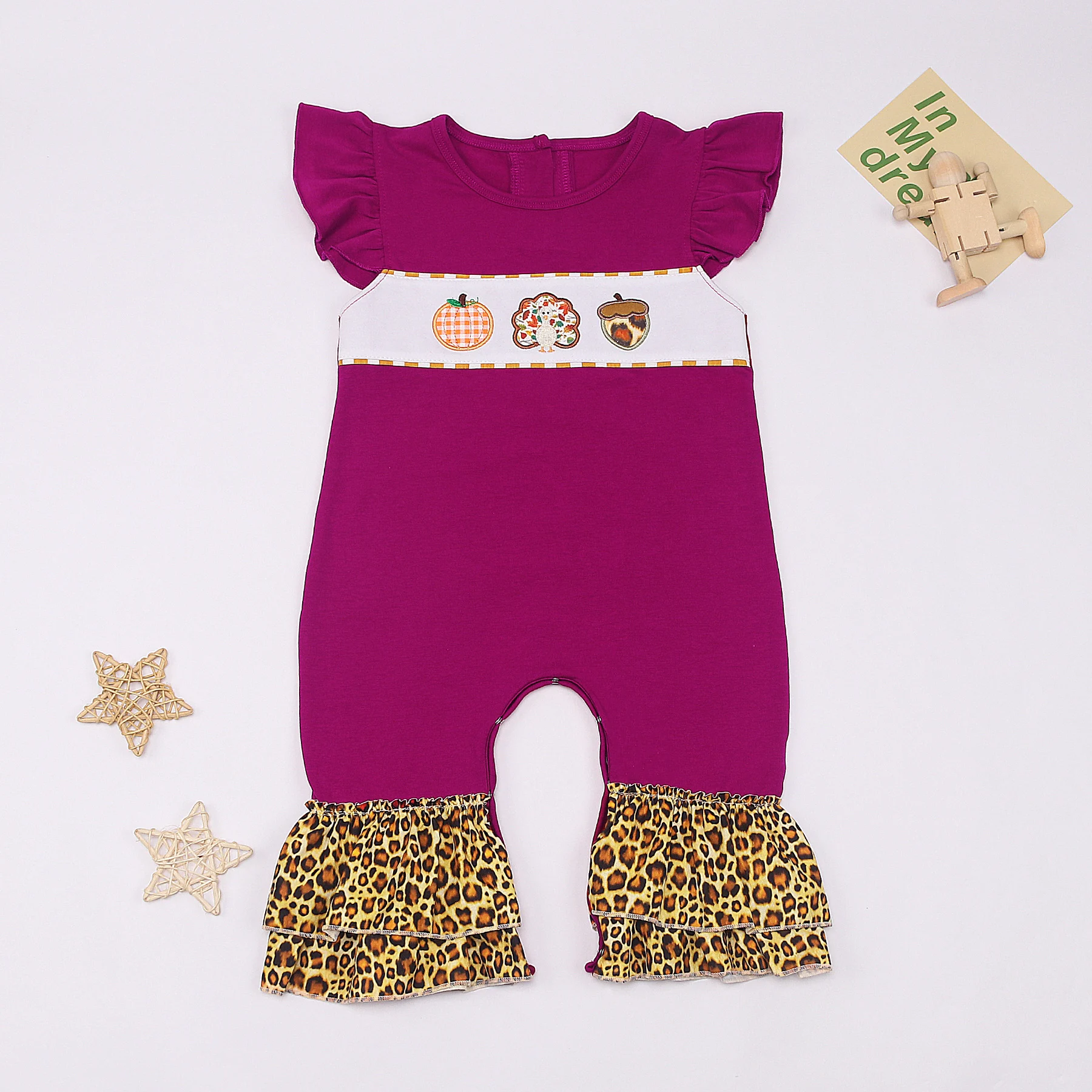 

Leopard 0-3T Bubble Thanksgiving Romper Casual Wear Babi Girls Clothes Turkey Embroidered Bodysuit New Born Pants One Piece
