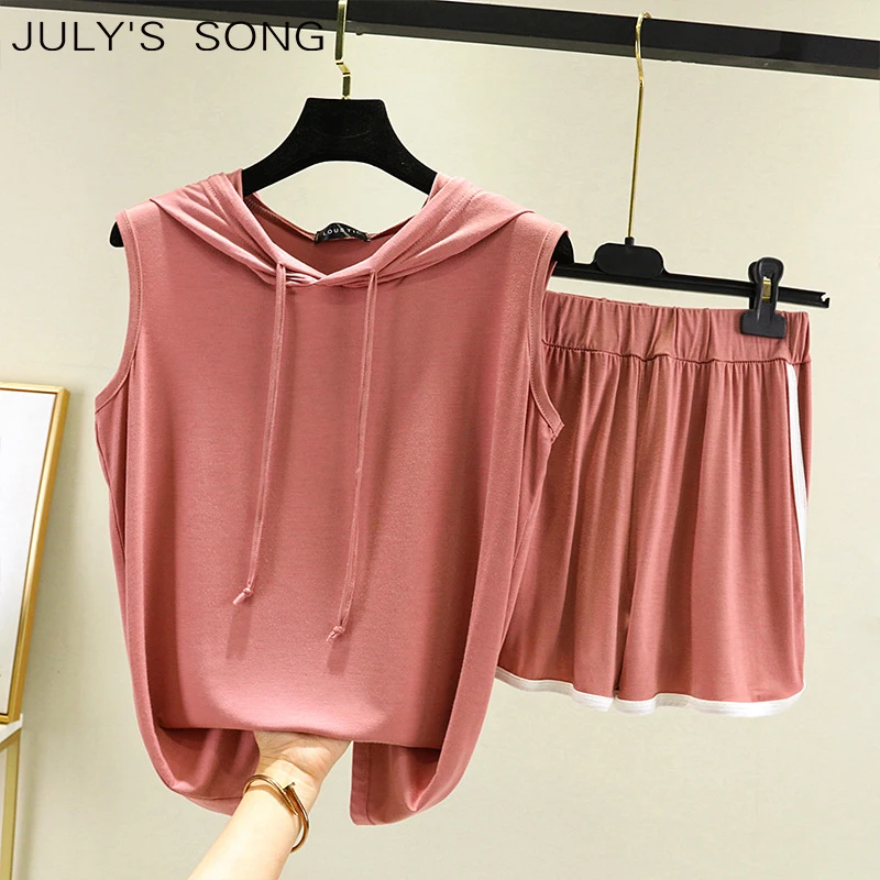 

JULY'S SONG Summer Modal Women Sleepwear Hooded Sleeveless Top Shorts Pajamas Set Loose Plus Size Nightwear Female Loungewear