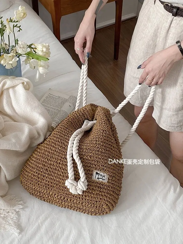 Summer Straw Woven Hollow Backpack Fashion Leisure Simple Versatile Travel Vacation, Drawstring Strap Mouth Bucket Bag For Women