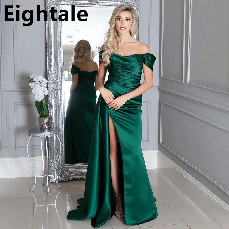 

Eightale Emerald Green Prom Dresses 2023 High Slit Off Shoulder Pleated Party Gowns Customized Floor Length Evening Gown