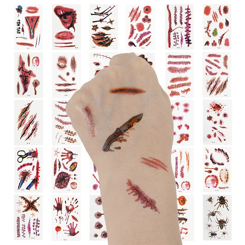 

30sheet Halloween Temporary Tattoos Stickers Zombie Scar Tattoos with Bloody Makeup Wounds Decoration Wound Scary Injury Sticker