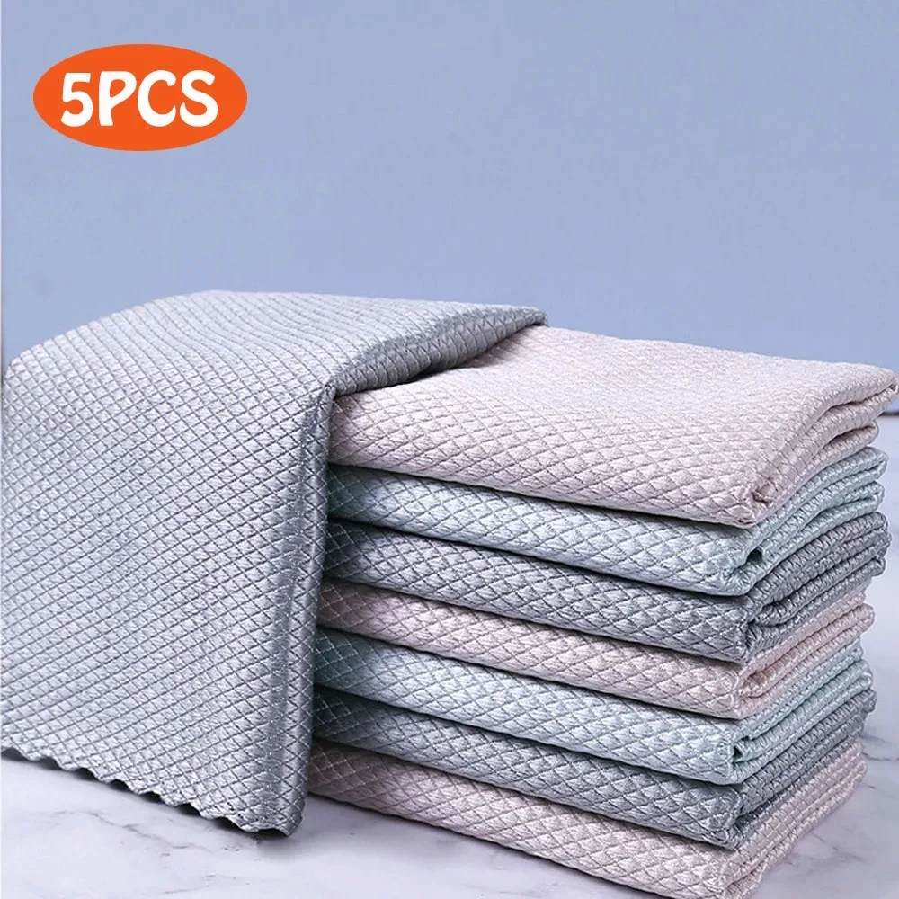 

5pcs Microfiber Fish Scale Wipe Cloth Home Cleaning Towels Glass Clean Table Cotton Towels High-efficiency Kitchen Clean Towel