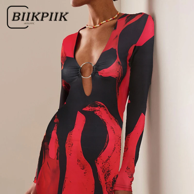 

Женское платье с принтом BIIKPIIK, модное элегантное платье с длинным рукавом и V-образным вырезом, Повседневная Базовая одежда в клубном стиле на осень, Новинка