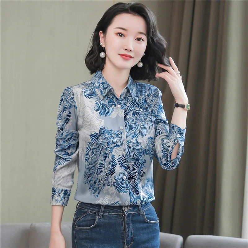 

Chic Flower Print Satin Silk Women's Blouses Elegant Ladies Shirts 2022 Spring Autumn Long Sleeve Work Shirts Tops Blusas Mujer