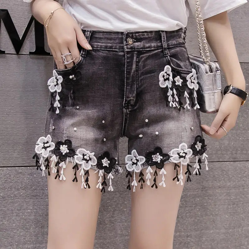 Summer High Waist Shorts Female Heavy Industry Bead Embroidery Flowers Black Jeans Sub Fringe Lace Hot Pants