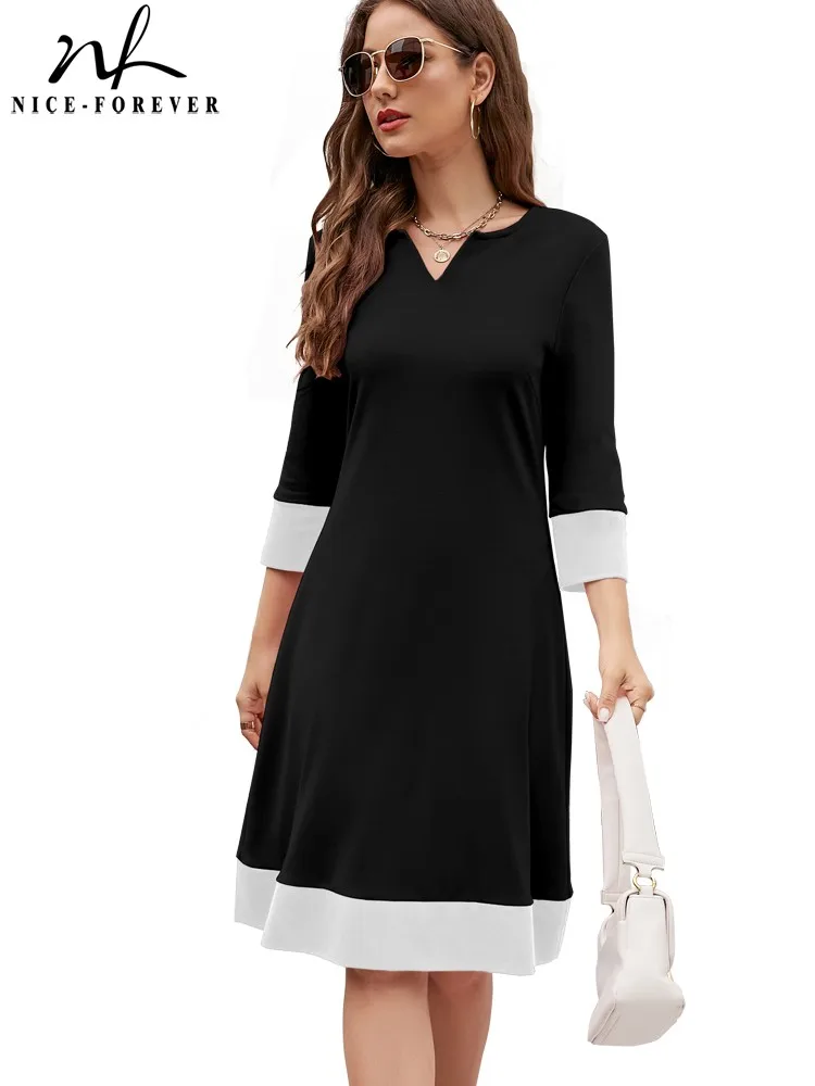 

Женское платье-трапеция Nice-forever, черно-белое повседневное офисное платье трапециевидной формы в стиле пэчворк на осень, A366