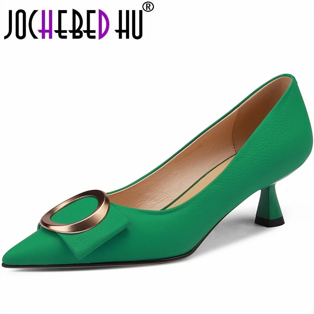 

【JOCHEBED HU】Women Pumps Shoes High Heels Fashion Elegant Cow Leather Pointed Toe Green Solid Classics Genuine Leather