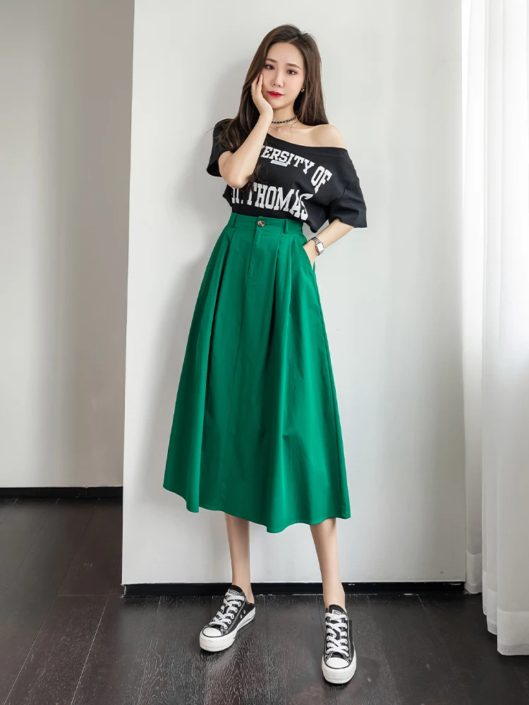 Spring Fashion A-Line Skirts Women Japanese Vintage Elastic High Waist Midi Skirt Summer Loose White Black Umbrella Skirt Female