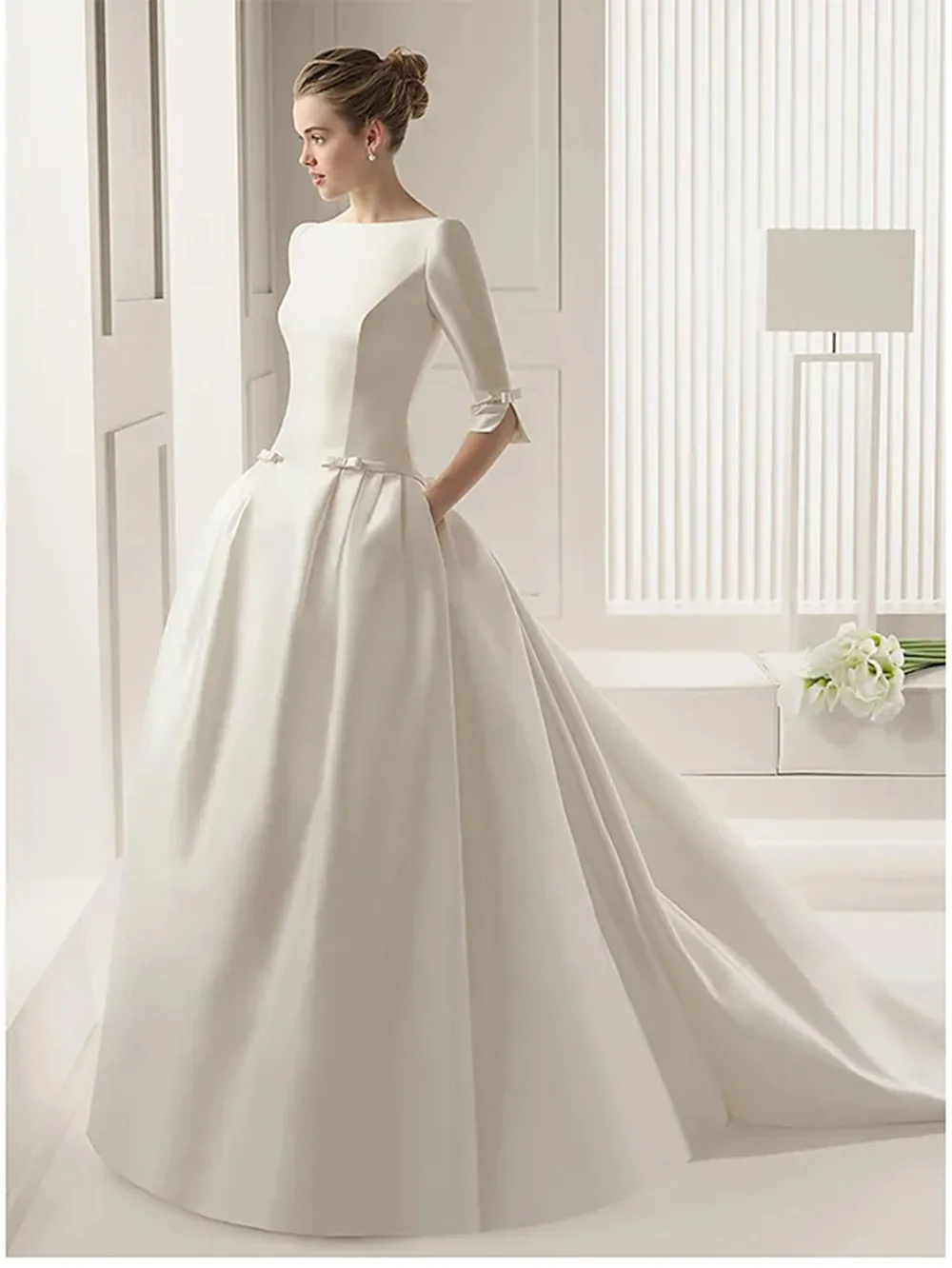 

A-Line Wedding Dresses Bateau Neck Court Train Satin Half Sleeve Formal Sexy Plus Size with Bow(s) Pleats 2022 Vestido White