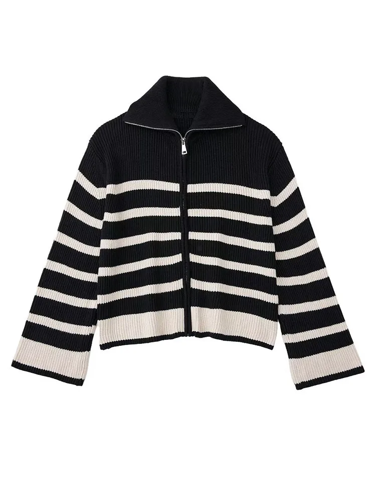 

Women 2022 Autumn New Fashion Striped Sweater Knitted Cardigan Vintage Long Sleeve Zipper Female Outerwear Chic Tops