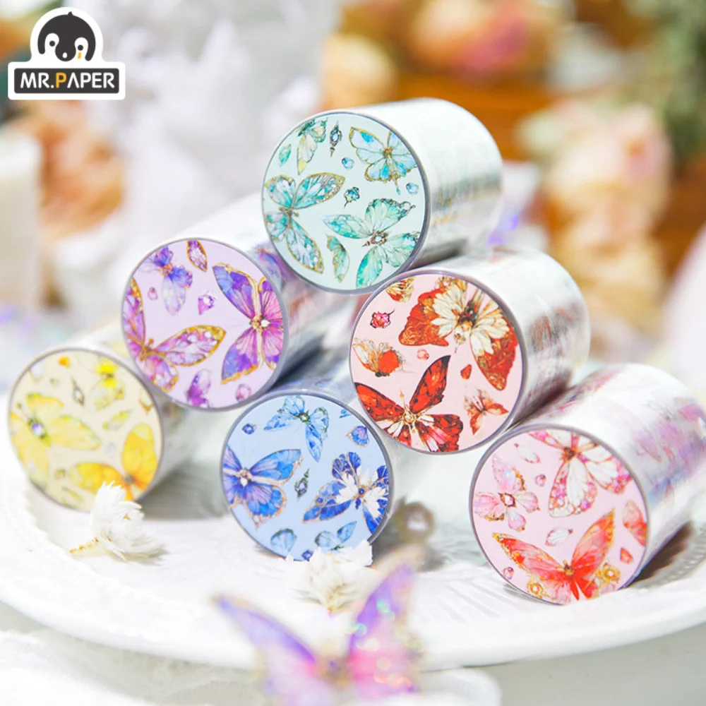 

Mr. Paper 6 style Laser Flash Film Butterfly Tapes Waterproof PET Handbook DIY Decoration Tape Stationery Office Supplies