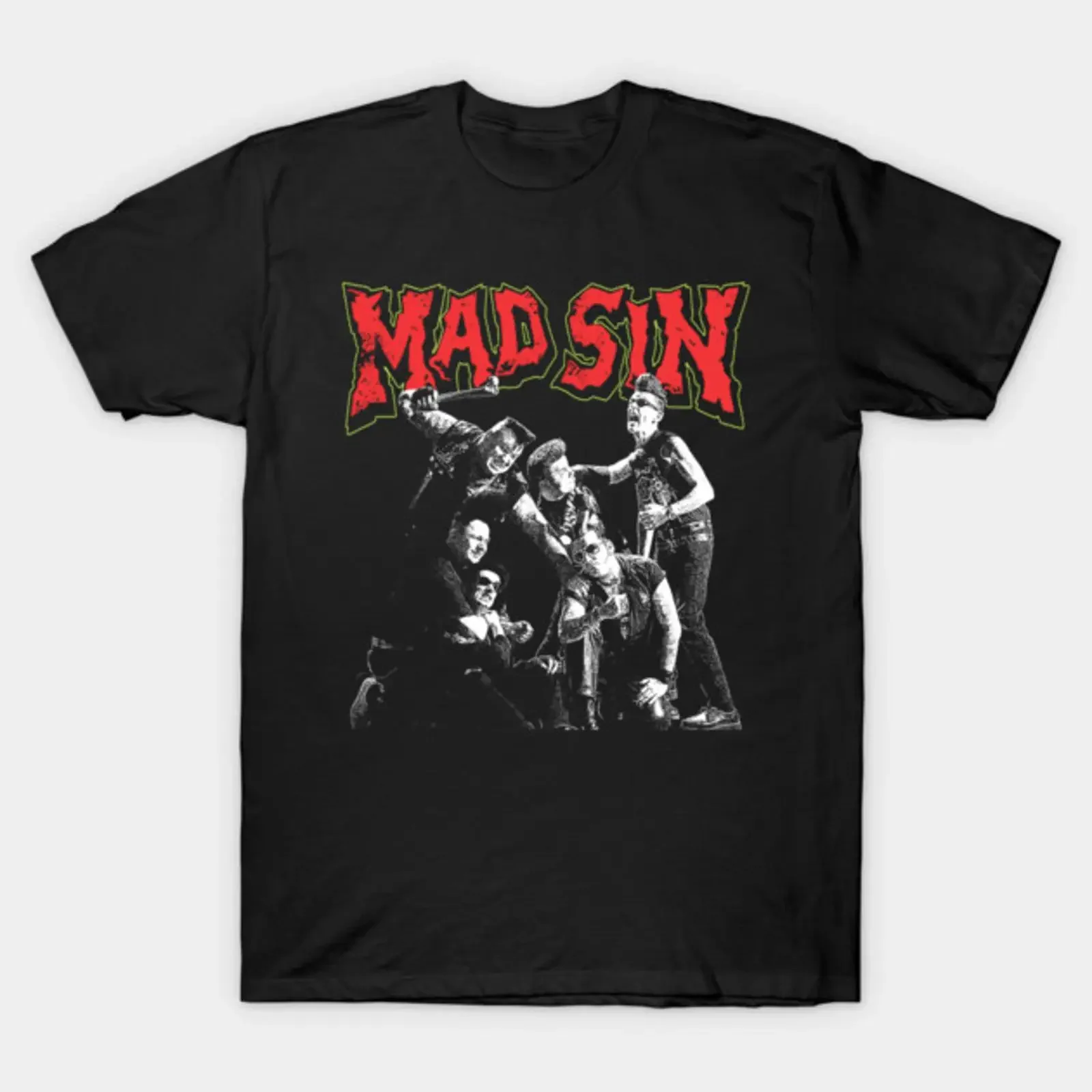 Фото Футболка Mad Sin Psychobilly Fanmade, винтажная, с эффектом потертости, стильная, с графическим принтом, слегка повседневная, мужская, эластичная, уличная одежда, универсальная. №1