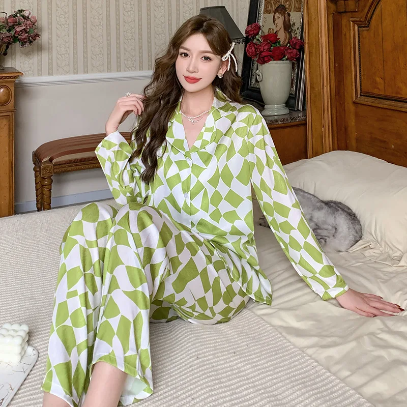 

Womens ice Silk Pajamas Loungewear Two-piece Sleepwear Button-Down Cardigan Pj Set