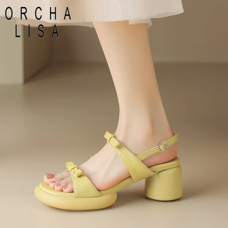 

Женские сандалии OCHA LISA с круглым носком на массивном каблуке 6 см, женская мягкая обувь для свиданий с бантом-бабочкой, большой размер 41 42 43