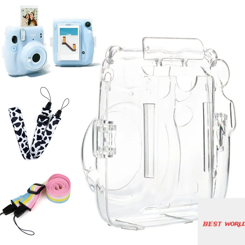 

Fujifilm Instax Mini 11 Case Transparent Crystal Plastic Cover Camera Protect Case Bag With Photo Pouch + Cow / Rainbow Strap