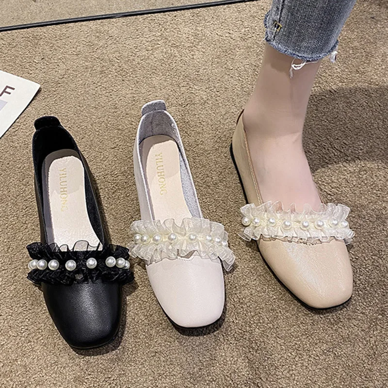 

Women Ballet Flats Pearls Slip on Shoes Loafers Lace Mary Janes Shoes For Ladies Flats White Wedding Shoes Zapatos Mujer 9381N