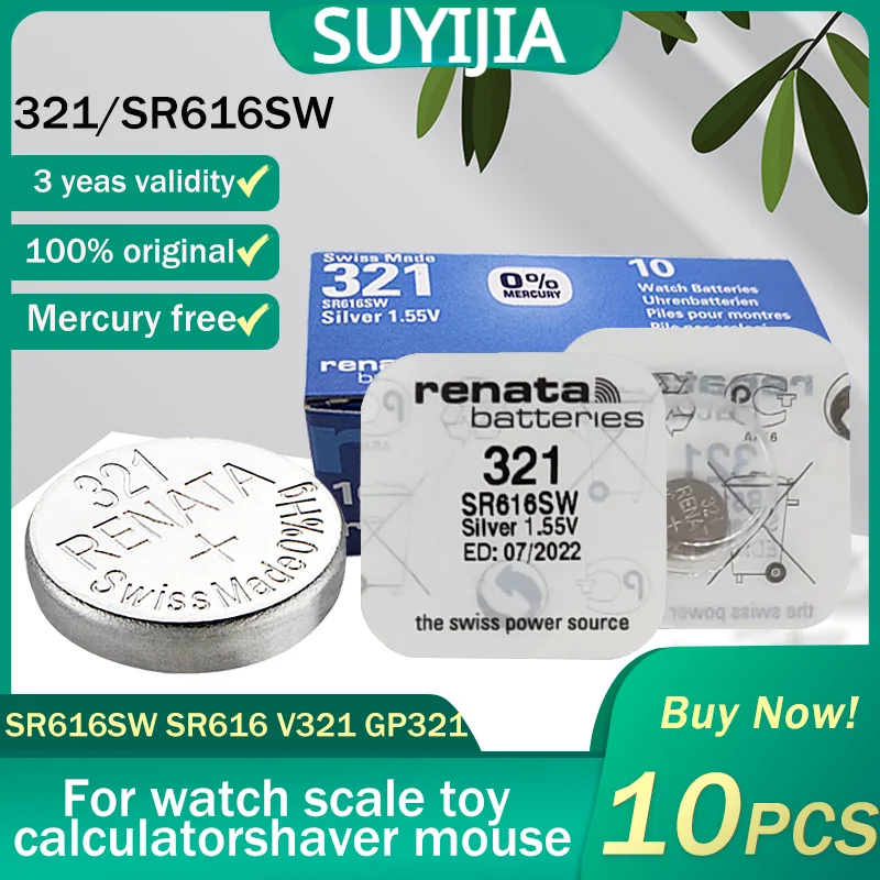 

Original 10PCS Renata 321 SR616SW V321 GP321 1.55V Silver Oxide Watch Battery For Scale Watch Toys Swiss Made Button Coin Cell