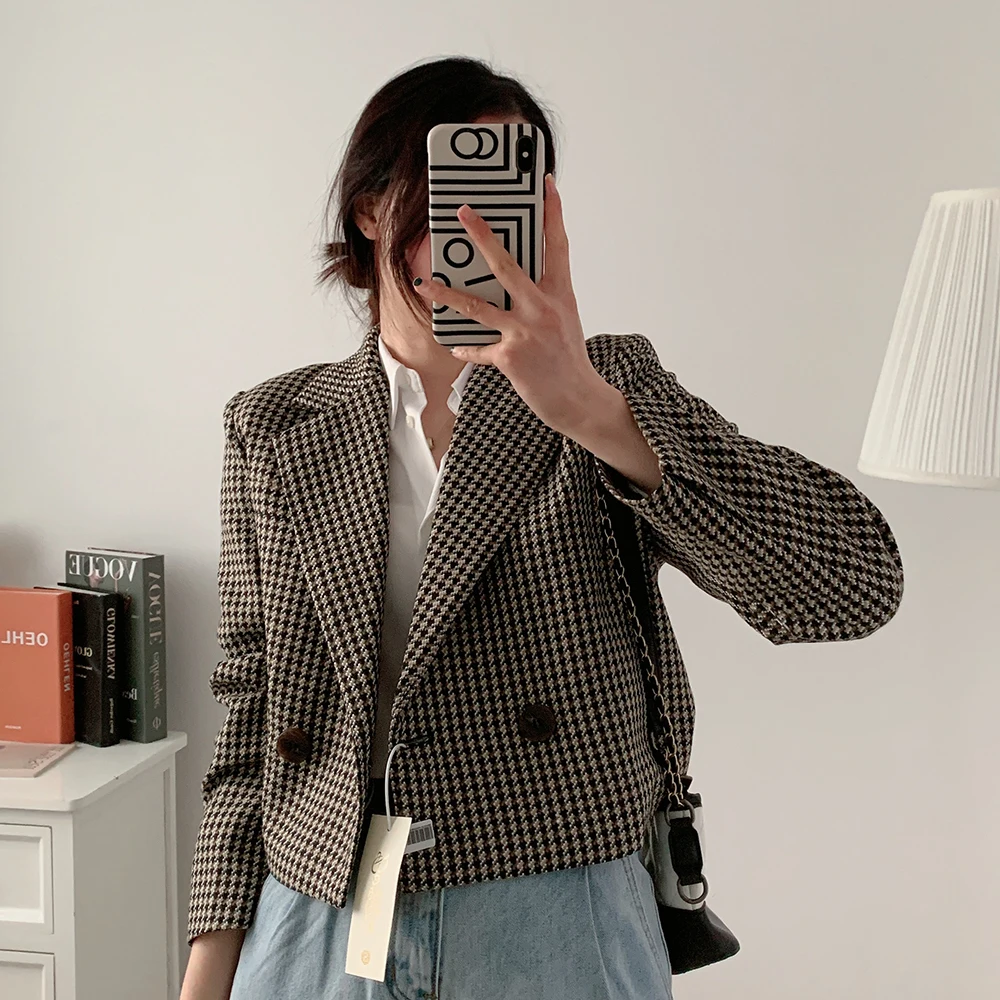 Spring Autumn Women's Vintage Plaid Crop Blazer Top Chic Elegant Office Wear Suit Outwear Ladies Streetwear Suit Jacket Blazer