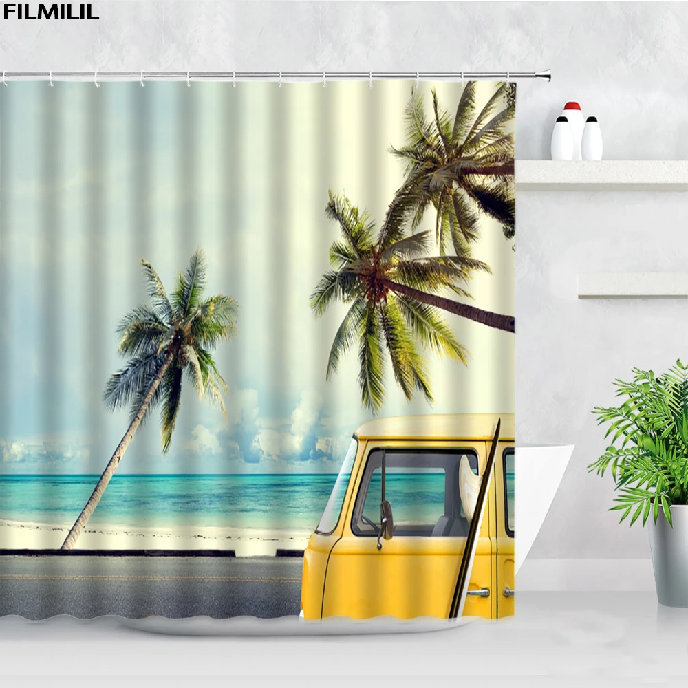 

Занавеска для душа с пальмами для путешествий, автобуса, кемпинга, серфинга, пляжа, океана, природный пейзаж, тканевая занавеска для ванной, современный комплект украшений для ванной комнаты, крючки